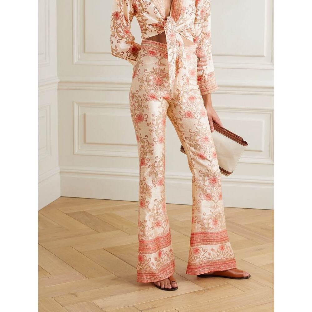 NWT Savannah Morrow The Ahimsa Printed Silk-Dupioni Flared Pants Size Medium